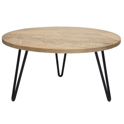Miliboo - Table basse ronde grav&eacute;e en manguier et m&eacute;tal noir VIBES