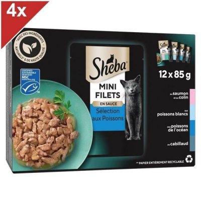 SHEBA Mini filets Sachet fraicheur en sauce - Aux poissons - Pour chat - 12 x 85 g x4