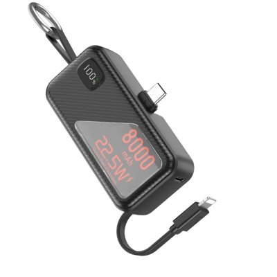 LINQ Mini Powerbank 8000mAh USB-C 22.5W et Lightning 20W avec Format Porte-Cl&eacute; Noir