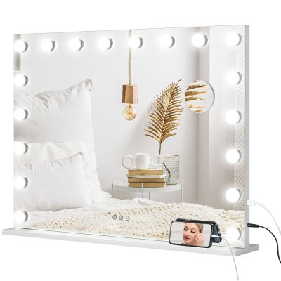 HOMCOM Miroir maquillage hollywood lumineux led intensit&eacute; r&eacute;glable grossissant charge usb support blanc 