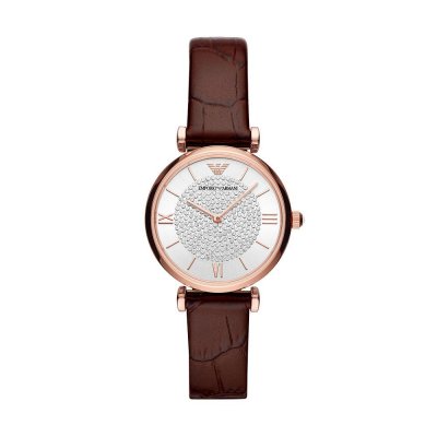 EMPORIO ARMANI Montre  &agrave; deux aiguilles en cuir, bordeaux