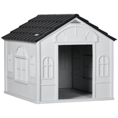 PAWHUT Niche chien style cottage dim. 65L x 75l x 63H cm - motifs fen&ecirc;tres, porte, a&eacute;ration - PP blanc gris