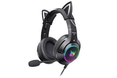 CHRONUS Onikuma casque de jeu rose avec oreilles de chat amovibles, pour ps5, ps4(noir)