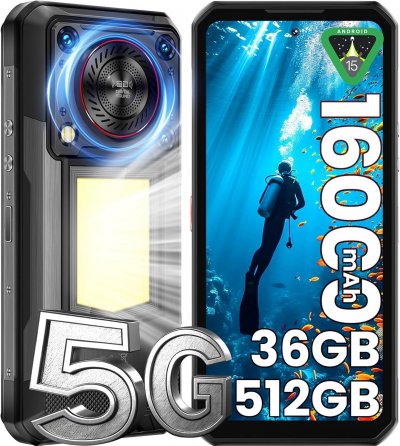 OUKITEL  WP56 T&eacute;l&eacute;phone Portable Incassable 16000mAh  36Go+512Go 6.8"" 1000LM 5G/NFC Noir