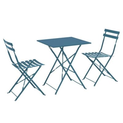 OVIALA  Table de Jardin et 2 chaises Acier Bleu Pacific
