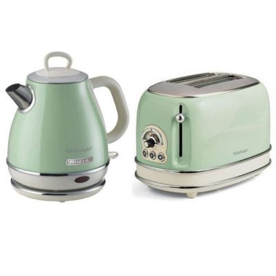ARIETE Pack bouilloire &eacute;lectrique 1l + grille-pain acier vert vintage r&eacute;tro