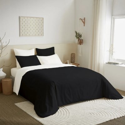 COTON PUR Pack complet 6 pi&egrave;ces Noir/Blanc housse de couette pour lit 160 x 200 cm 100% coton / 57 fils/cm&sup2;