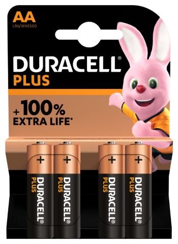 DURACELL Pack de 4 piles alcalines  Plus AA 1,5V LR06 Noir