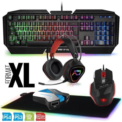 GENERIQUE Pack Gamer Clavier Souris Casque Convertisseur Tapis LED pour Switch, XB1, PS4, PC