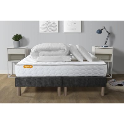 SEPTNUITS Pack matelas Memo + double sommiers gris 160x200 + 2 oreillers m&eacute;moire de forme