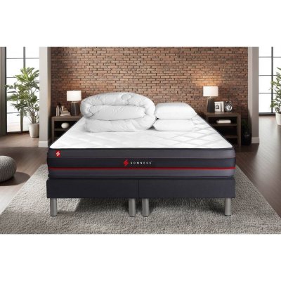 SOMNESS Pack matelas REGEN double sommiers noir Couette 2 oreillers
