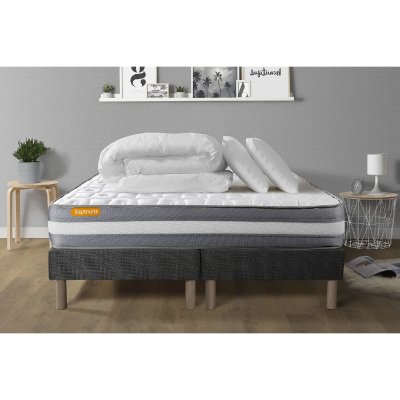 SEPTNUITS Pack matelas sommier Gris Memo plus M&eacute;moire de forme avec 2 oreillers et couette