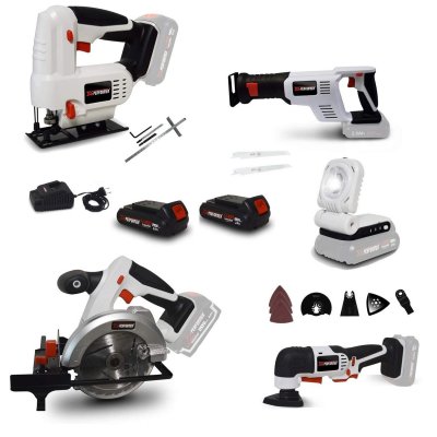 X PERFORMER Pack Outillage BATTERIES 2 Ah - Scie Sauteuse - Circulaire - Sabre - Multifonctions - Lampe LED