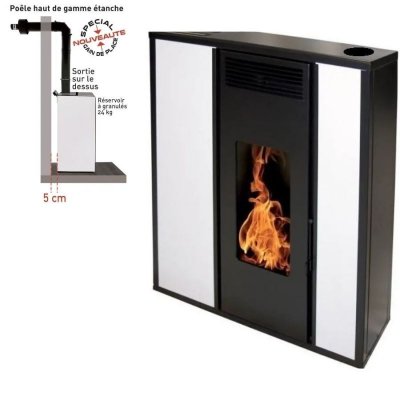 INTERSTOVES Pack Po&ecirc;le &agrave; granules TESSA 10KW Etanche sortie sur le dessus + Conduit Ventouse - Blanc
