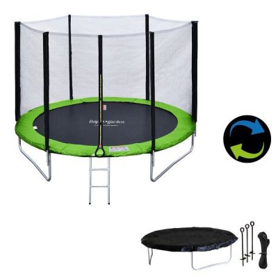 HAPPY GARDEN Pack premium trampoline 180cm r&eacute;versible vert - bleu cairns + filet, &eacute;chelle, b&acirc;che et kit d'ancrage