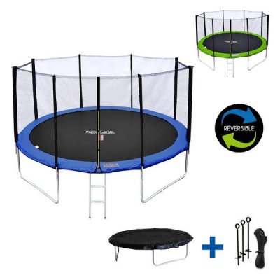 HAPPY GARDEN Pack premium trampoline 370cm r&eacute;versible bleu / vert perth + filet, &eacute;chelle, b&acirc;che et kit d'ancrage