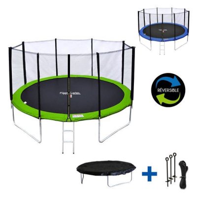 HAPPY GARDEN Pack Premium Trampoline 370cm r&eacute;versible vert / bleu PERTH + filet, &eacute;chelle, b&acirc;che et kit d'ancrage