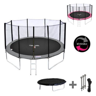 HAPPY GARDEN Pack Premium Trampoline &Oslash;430cm  gris et rose avec filet + &eacute;chelle + b&acirc;che + kit d'ancrage