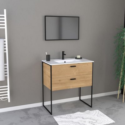 Pack salle de bain avec miroir et vasque en c&eacute;ramique - Bois - 80 cm