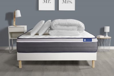 ACTISOM Pack sommier kit matelas Hybride 180x200 Blanc Oreiller couette
