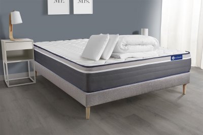 ACTISOM Pack sommier kit matelas Hybride 200x200 Gris Oreiller couette