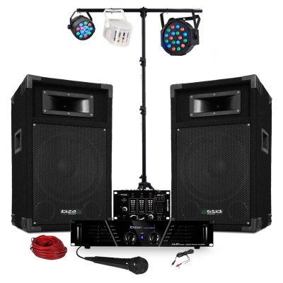 IBIZA SOUND Pack sono ampli + enceintes 500w + table de mixage + 3 jeux de lumi&egrave;res + portique
