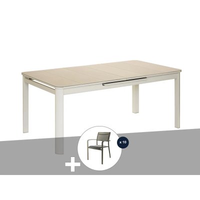 Pack table de jardin extensible et 10 chaises en aluminium beige