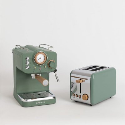 CREATE Pack TOAST RETRO Grille-pain + THERA RETRO Cafeti&egrave;re express finition mate - Vert sauge