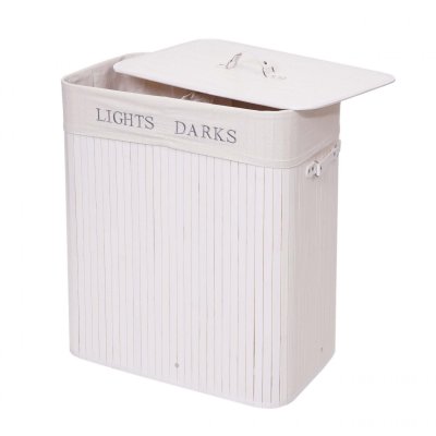 MENDLER Panier &agrave; linge HWC-C21 bambou 2 compartiments 63x55x34cm 100l blanc