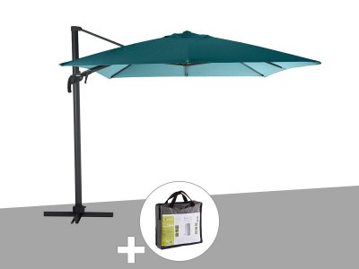  Parasol d&eacute;port&eacute; et inclinable carr&eacute; bleu canard avec housse de protection Elea - 3 x 3 m - Hesp&eacute;ride