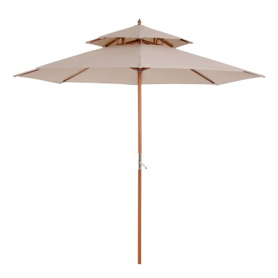 OUTSUNNY Parasol droit 2 toits bois de peuplier polyester haute densit&eacute; beige