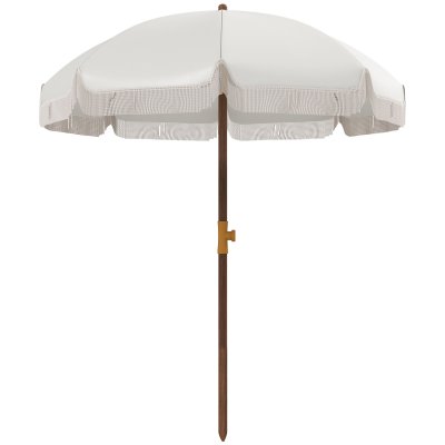 OUTSUNNY Parasol droit de plage jardin style boh&egrave;me &agrave; franges uv40+ cr&egrave;me