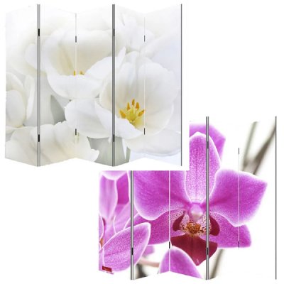 Paravent 5 panneaux pans s&eacute;parateur de pi&egrave;ce 180x200cm motif orchidee - or