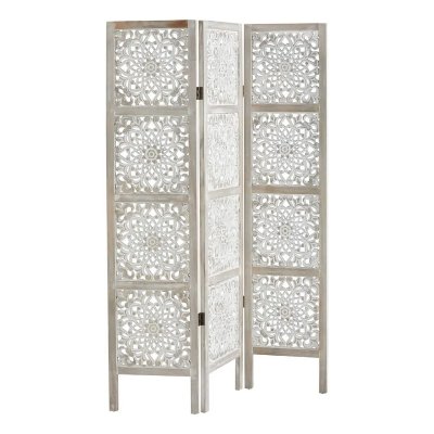 Paravent etnik en Bois sculpt&eacute; et blanchi H 169 cm