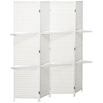Paravent int&eacute;rieur 4 panneaux 2 &eacute;tag&egrave;res pliables blanc paille