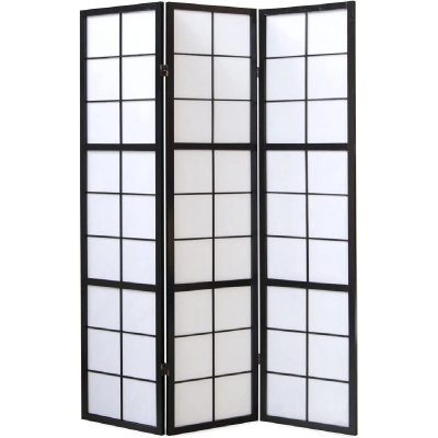 Paravent japonais grands carreaux bois noir et papier de riz - 3 pans - PEGANE -