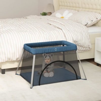 VIDAXL Parc Pour B&eacute;b&eacute; Avec Matelas Bleu Marine Tissu De Lin  