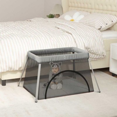 VIDAXL Parc Pour B&eacute;b&eacute; Avec Matelas Gris Clair Tissu De Lin  