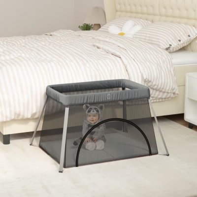 VIDAXL Parc Pour B&eacute;b&eacute; Avec Matelas Gris Fonc&eacute; Tissu De Lin  