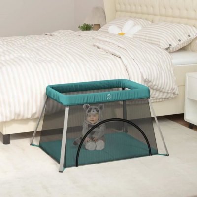 VIDAXL Parc Pour B&eacute;b&eacute; Avec Matelas Vert Tissu De Lin  