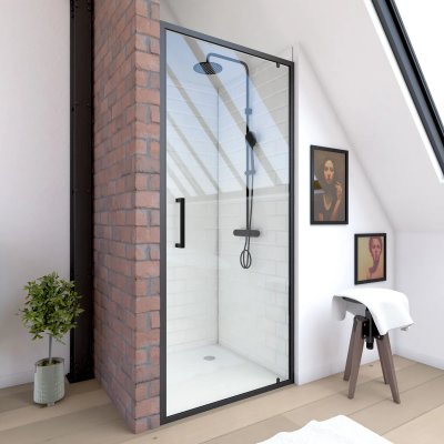 AURLANE Paroi de douche &agrave; porte pivotante esprit Indus - Noir - 80 x 200 cm