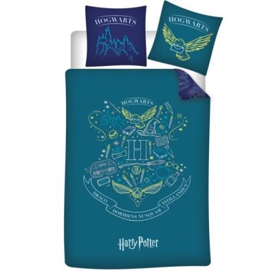 WARNER BROS Parure de lit r&eacute;versible Harry Potter - Blason -Hogwarts- - Bleue et Vert - 140 cm x 200 cm