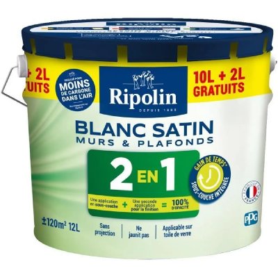 RIPOLIN Peinture acrylique murs & plafonds  2-en-1 blanc satin 12 L