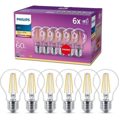 PHILIPS , pack de 6 ampoules E27 LED transparentes 60W, blanc chaud