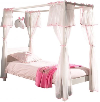 VIPACK PINO Lit a baldaquin 90x200cm Blanc + rideaux pour lit &agrave; baldaquin