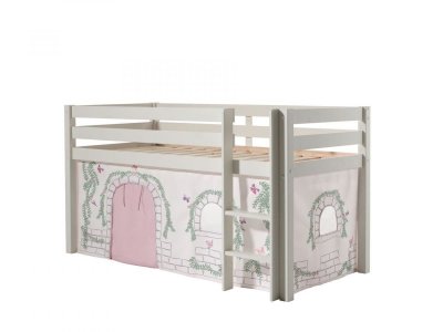 PINO Lit sureleve en pin massif avec sommier Blanc + Rideau de lit BIRDY
