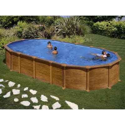 GRE Piscine acier aspect bois amazonia ovale 7,44 x 3,99 x 1,32 m - gr&eacute;