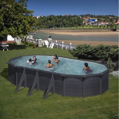 GRE Piscine acier gris anthracite Juni ovale 7,44 x 3,99 x 1,32 m - Gr&eacute;