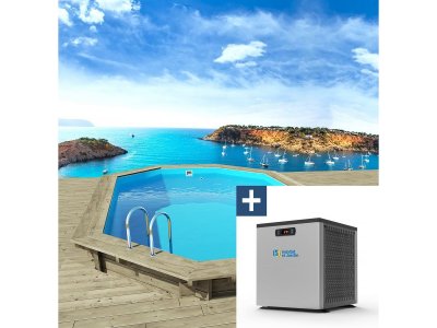 HABITAT ET JARDIN Piscine bois "" Bahia "" - 4.86 x 3.36 x 1.30 m + Mini Pompe &agrave; chaleur - Puissance 3.5 Kw