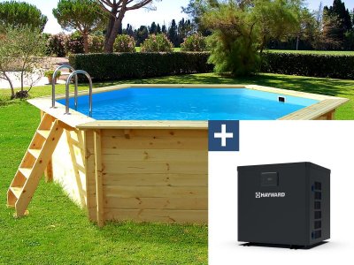 HABITAT ET JARDIN Piscine bois "" Hawai "" - 4.10 x 1.18 m + Mini pompe &agrave; chaleur 3.5kW - M&eacute;tal - Gris